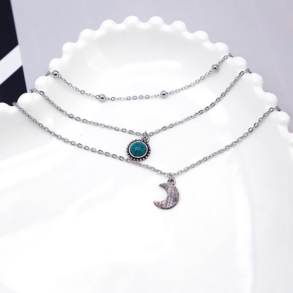 Boho Silver Moon Turquoise Pendant Layer Necklace - Picture 5 of 8